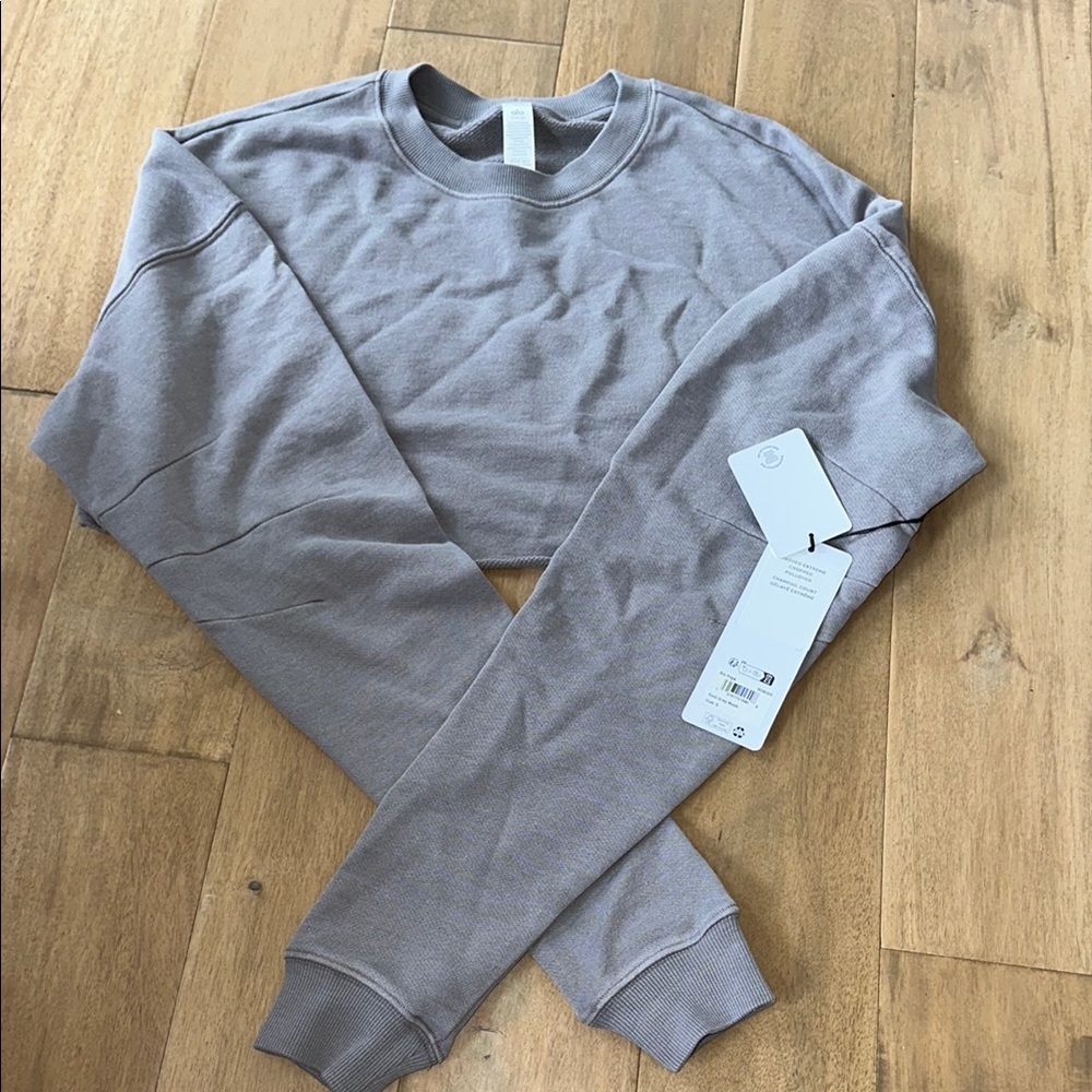SOLD OUT cool grey wash Alo NWT  Extreme Cropped Pullover macadamia size small
